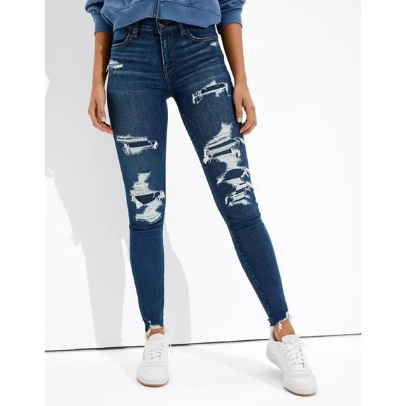AMERICAN EAGLE Blue Distressed Super Super Stretch Jegging Skinny Jeans